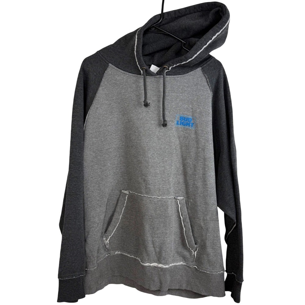 Bud Light J America Mens XL Grey Raglan Raw Edge Graphic Hoodie Sweatshirt
